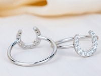 Dos anillos de oro blanco y un simbolo de herradura con diamantes.